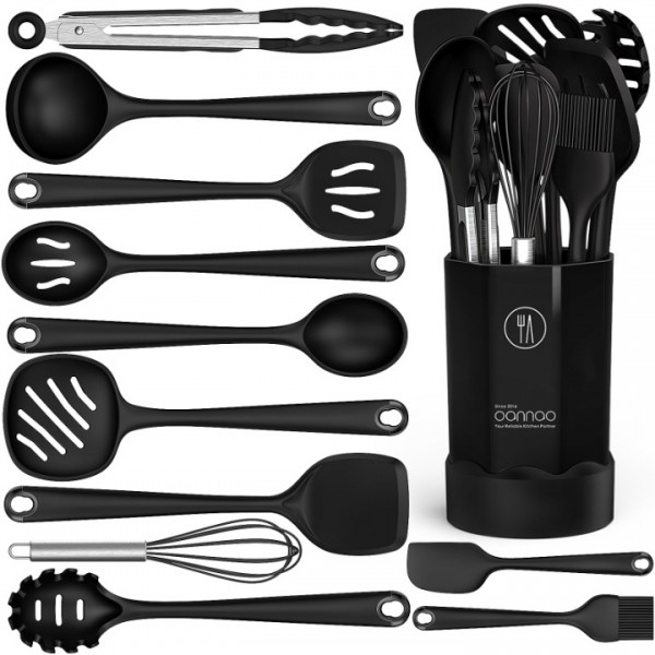 Silicone Cooking Utensils Set - Heat Resistant All Clad Silicone Kitchen Utensils,Spatula,Spoon,Whisk,Tongs,Kitchen Utensil Gadgets Tools Sets for Nonstick Cookware,Dishwasher Safe BPA Free (Black)