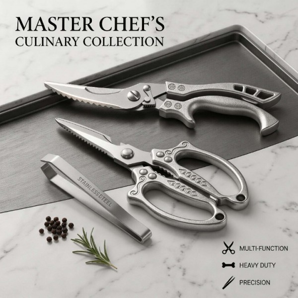 Kitchen Scissors Set Poultry Scissors Heavy Duty with Safety Lock 3.5mm Thickness 3 Piece Kitchen Shears for Cutting Chicken Meat Bone Food Seafood Brushed Stainless Steel Tongs Dishwasher Safe