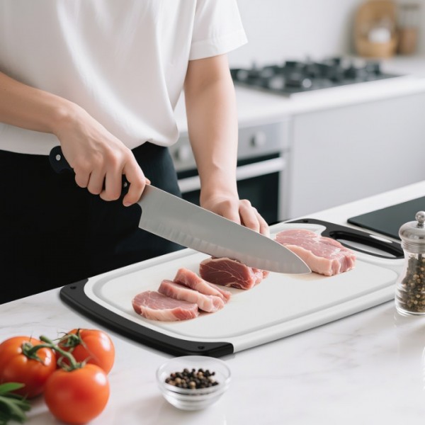 Cutting Boards for Kitchen with Stand – 3-Piece Plastic Cutting Board Set, Double-Sided Use, Large for Chopping Meat, Medium & Small for Vegetables, Fruits, Juice Grooves, Non-Slip Handles, BPA-FREE