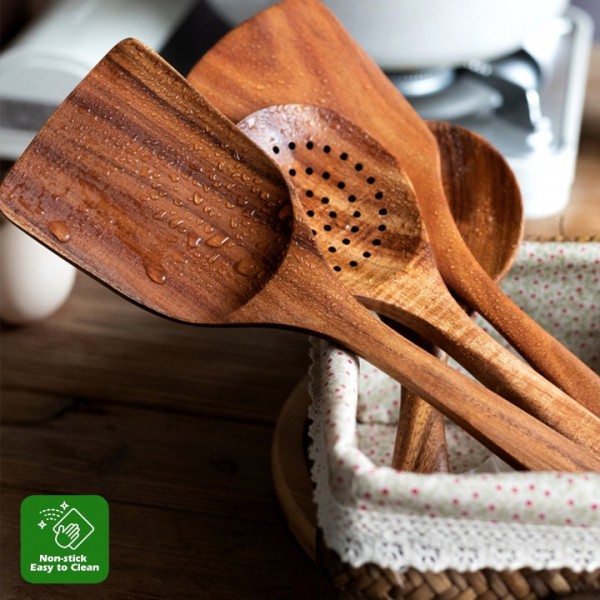 5-Piece Wooden Cooking Utensils Set – Natural Teak Kitchen Tools for Nonstick Cookware, Heat-Resistant Wood Spatula, Turner, Skimmer, Salad Fork, and Soup Ladle
