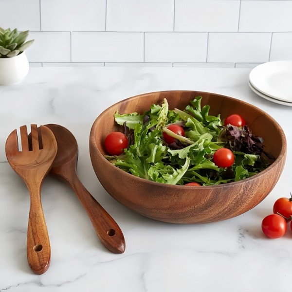 10-Inch Large Wooden Salad Mixing Bowl – Capacity Handcrafted Wood Bowl for Salad, Fruit, Pasta, Entertaining, Baking Cooking and Prepping (5.5 QT )