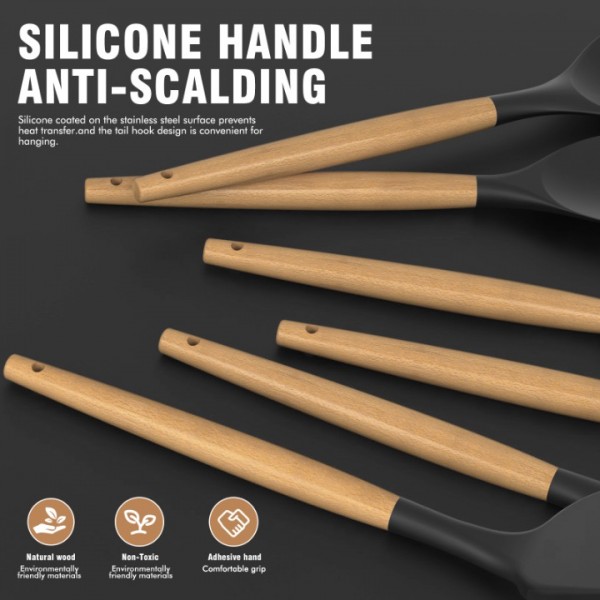 Silicone Cooking Utensils Set - 446°F Heat Resistant Silicone Kitchen Utensils for Cooking,Kitchen Utensil Spatula Set w Wooden Handles and Holder, BPA FREE Gadgets for Non-Stick Cookware (Black)