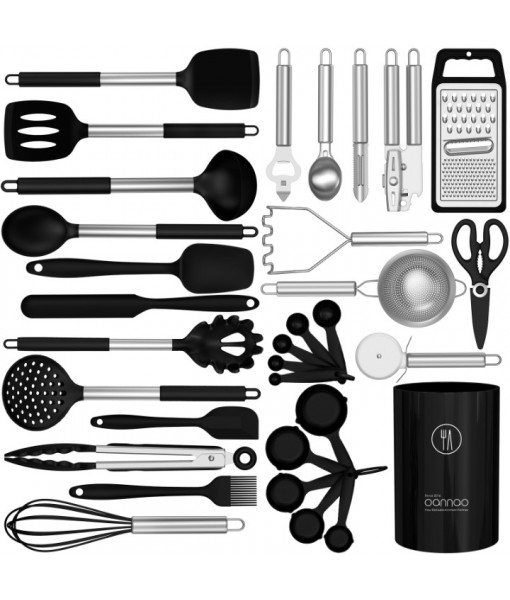 Silicone Cooking Utensils Set - Heat Resistant Silicone Kitchen Utensils for Cooking, Kitchen Utensil Spatula Set w Holder,BPA FREE Kitchen Gadgets Tools for Non-Stick Cookware Dishwasher Safe (Black)