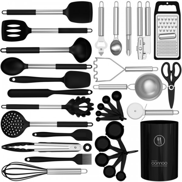 Silicone Cooking Utensils Set - Heat Resistant Silicone Kitchen Utensils for Cooking, Kitchen Utensil Spatula Set w Holder,BPA FREE Kitchen Gadgets Tools for Non-Stick Cookware Dishwasher Safe (Black)