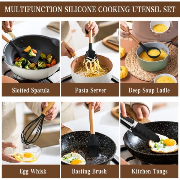 Kitchen Cooking Utensils Set, 33 pcs Non-stick Silicone Cooking Kitchen Utensils Spatula Set with Holder, Wooden Handle Silicone Kitchen Gadgets Utensil Set (Black)