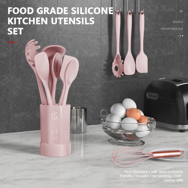 Silicone Cooking Utensils Set - Heat Resistant Kitchen Utensils BPA FREE,Turner Tongs,Spatula,Spoon,Brush,Whisk,Kitchen Utensil Gadgets Tools Set for Nonstick Cookware,Dishwasher Safe (Pink)