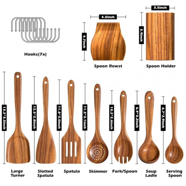 9-Piece Wooden Kitchen Utensils Set for Cooking – Teak Wood Tools with Holder, Spoon Rest, Hooks, Heat Resistant for Nonstick Cookware