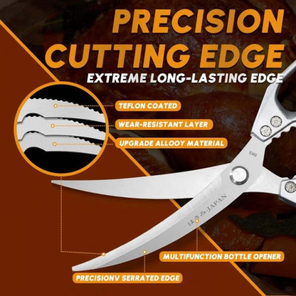 Kitchen Scissors Set Silver - Stainless Steel Kitchen Shear, Sharp Meat Scissors Dishwasher Safe, Heavy Duty Poultry Shears, Japanese Cooking Scissor for Food, Chicken Bones, and Turkey