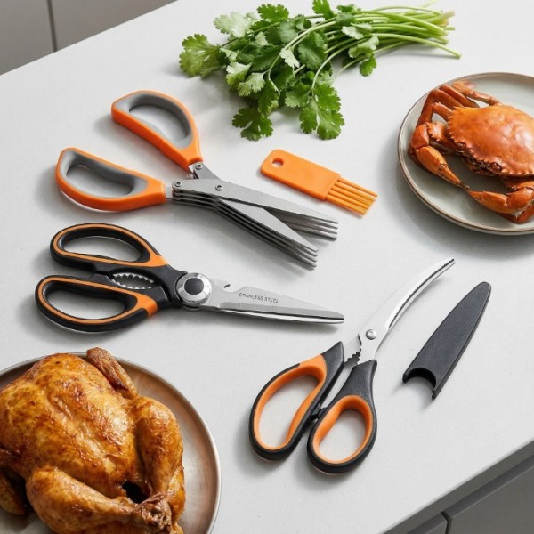 Herb Scissors, Shrimp Scissors, Chicken Bone Scissors 3-in-1 Kitchen Shears, Heavy Duty Stainless Steel Multi-Purpose Cooking Scissors, Easy Clean & Ergonomic Handle Kitchen Gadget