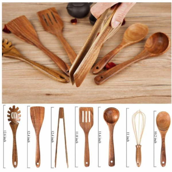 Wooden Utensil for Cooking, Wood Kitchen Utensils Cooking Set Teak Wood Spoons set for Cooking,Spatulas Non-Stick for Cookware Kitchen Spoon (7)