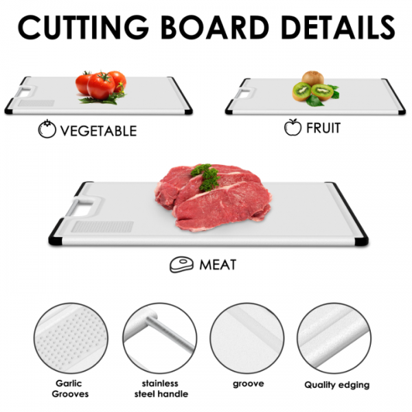 Cutting Boards for Kitchen with Stand – 3-Piece Double-Sided Plastic Cutting Board Set, Large for Chopping Meat, Medium & Small for Vegetables, Fruits, Juice Grooves, Non-Slip Handles, BPA-FREE