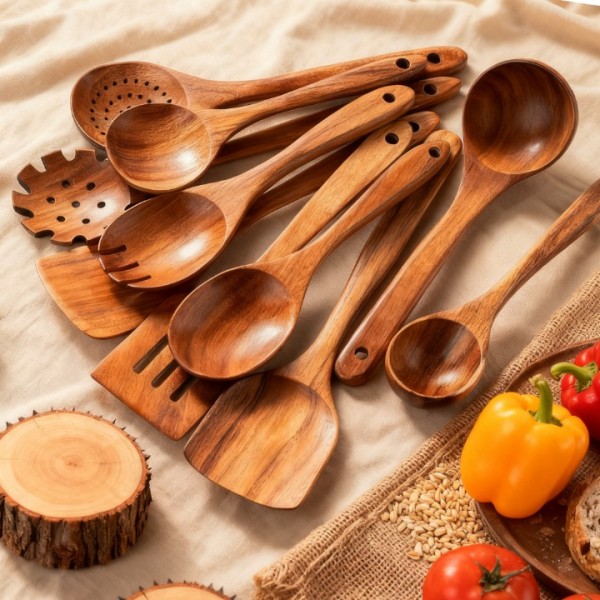 10-Piece Wooden Cooking Utensils Set – Natural Teak Kitchen Utensils for Nonstick Cookware, Heat-Resistant Wooden Spoons and Spatulas, Non-Scratch & Eco-Friendly Kitchen Tools