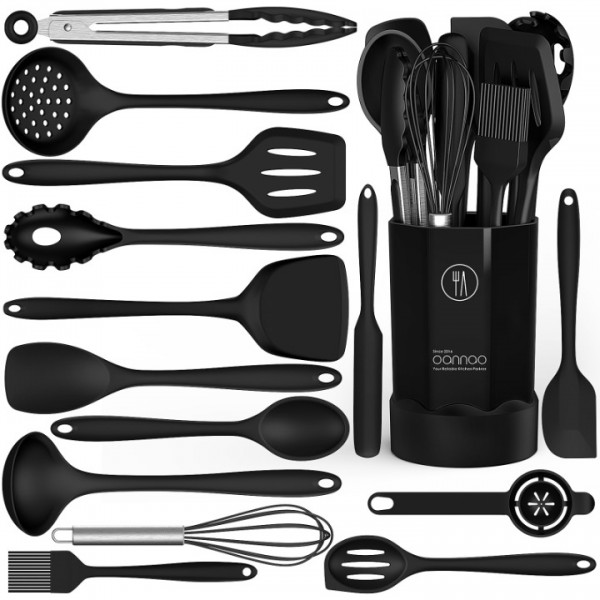 Black Silicone Cooking Utensils Set - 446°F Heat Resistant Kitchen Utensils,Turner Tongs,Spatula,Spoon,Brush,Whisk,Kitchen Utensil Gadgets Tools Set for Nonstick Cookware,Dishwasher Safe (BPA Free)