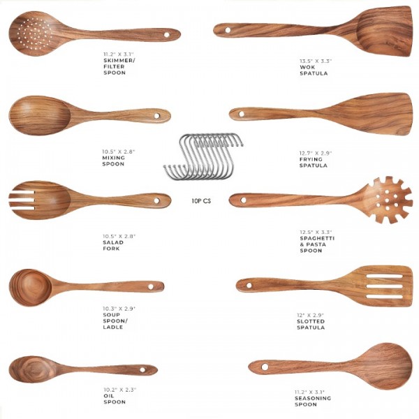 10-Piece Wooden Cooking Utensils Set – Natural Teak Kitchen Utensils for Nonstick Cookware, Heat-Resistant Wooden Spoons and Spatulas, Non-Scratch & Eco-Friendly Kitchen Tools