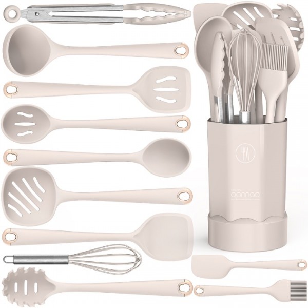 Silicone Cooking Utensils Set - Heat Resistant All Clad Silicone Kitchen Utensils,Spatula,Spoon,Whisk,Tongs,Kitchen Utensil Gadgets Tools Sets for Nonstick Cookware,Dishwasher Safe BPA Free (Khaki)