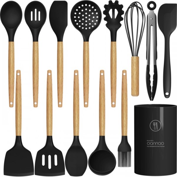 Silicone Cooking Utensils Set - 446°F Heat Resistant Silicone Kitchen Utensils for Cooking,Kitchen Utensil Spatula Set w Wooden Handles and Holder, BPA FREE Gadgets for Non-Stick Cookware (Black)