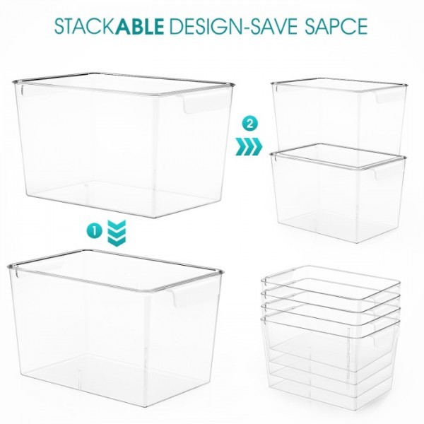 Stackable Clear Storage Bins with Lids, Large Plastic Storage Bins w Handle, Acrylic Pantry Organization and Storage for Kitchen, Fridge, Cabinet, Refrigerator, Bathroom Organizer