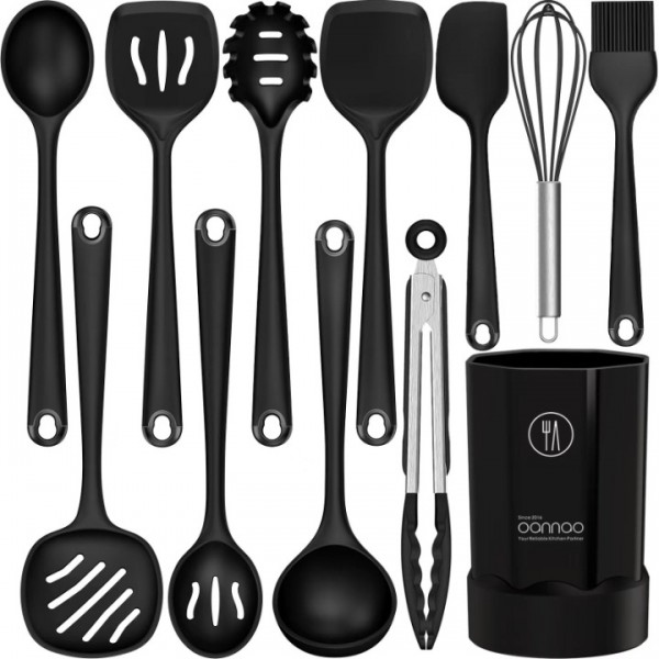 Silicone Cooking Utensils Set - Heat Resistant All Clad Silicone Kitchen Utensils,Spatula,Spoon,Whisk,Tongs,Kitchen Utensil Gadgets Tools Sets for Nonstick Cookware,Dishwasher Safe BPA Free (Black)