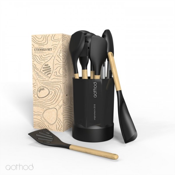 Silicone Cooking Utensils Set, 446°F Heat Resistant Silicone Kitchen Utensils for Nonstick Cookware, Kitchen Gadgets Spatula Set, Spoon, Turner, Tongs, Ladle, Whisk, BPA FREE (Black)
