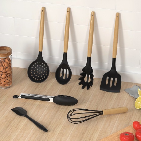 Silicone Cooking Utensils Set - 446°F Heat Resistant Silicone Kitchen Utensils for Cooking,Kitchen Utensil Spatula Set w Wooden Handles and Holder, BPA FREE Gadgets for Non-Stick Cookware (Black)