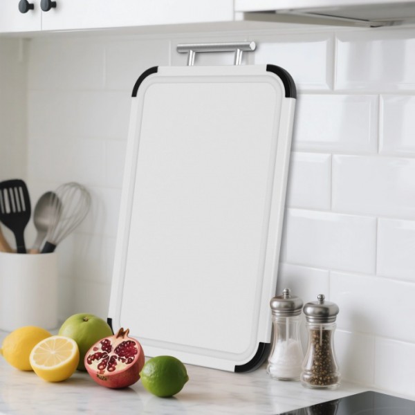 Cutting Boards for Kitchen with Stand – Double-Sided Plastic Cutting Board Set, Large for Chopping Meat, Medium for Vegetables, Fruits, Juice Grooves, Non-Slip Handles, BPA-FREE, Dishwasher Safe