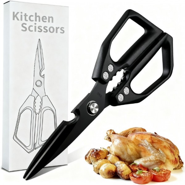 All-Purpose Kitchen Scissors – Heavy Duty Stainless Steel Shears for Meat, Chicken, Turkey, Bones, Herbs – Sharp, Dishwasher Safe, Detachable Cooking Scissors (Black)