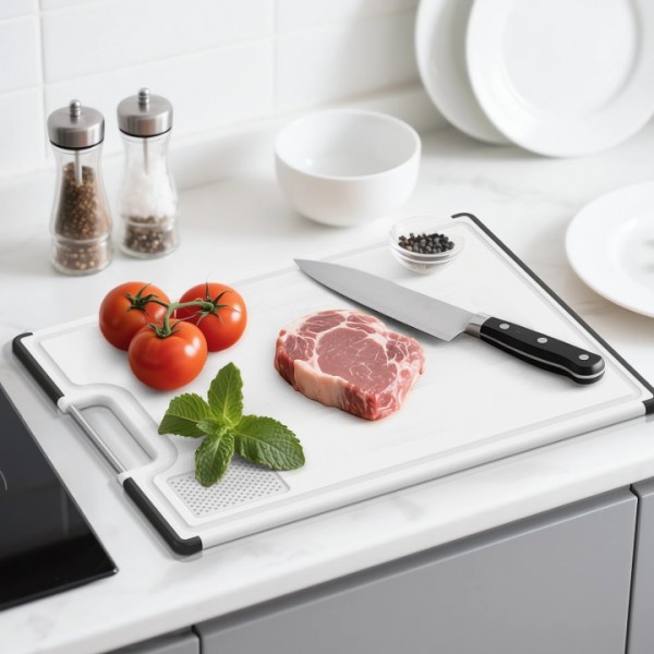 Cutting Boards for Kitchen with Stand – 3-Piece Double-Sided Plastic Cutting Board Set, Large for Chopping Meat, Medium & Small for Vegetables, Fruits, Juice Grooves, Non-Slip Handles, BPA-FREE
