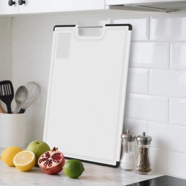 Cutting Boards for Kitchen with Stand – 3-Piece Double-Sided Plastic Cutting Board Set, Large for Chopping Meat, Medium & Small for Vegetables, Fruits, Juice Grooves, Non-Slip Handles, BPA-FREE