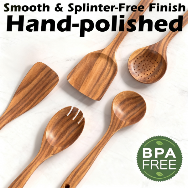 5-Piece Wooden Cooking Utensils Set – Natural Teak Kitchen Tools for Nonstick Cookware, Heat-Resistant Wood Spatula, Turner, Skimmer, Salad Fork, and Soup Ladle