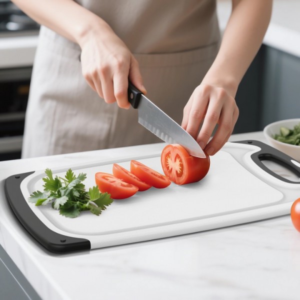 Cutting Boards for Kitchen with Stand – 3-Piece Plastic Cutting Board Set, Double-Sided Use, Large for Chopping Meat, Medium & Small for Vegetables, Fruits, Juice Grooves, Non-Slip Handles, BPA-FREE