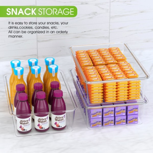 Stackable Clear Refrigerator Organizer Bins with Lids - Large Plastic Food Storage Bins w Dividers, Acrylic Pantry Organization and Storage for Kitchen, Fridge, Freezer, Cabinet, Snack, Packets, Sauce