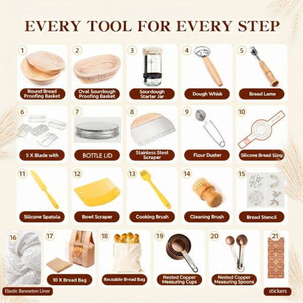 oannao Sourdough Starter Kit 21 Pcs Complete Bread Proofing Basket Set with Round and Oval Banneton Baskets Sourdough Jar Silicone Bread Sling and Baking Supplies Tools for Beginners