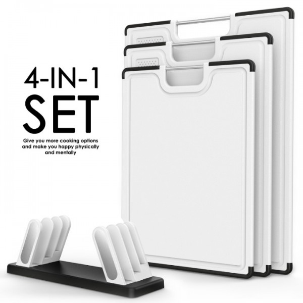 Cutting Boards for Kitchen with Stand – 3-Piece Double-Sided Plastic Cutting Board Set, Large for Chopping Meat, Medium & Small for Vegetables, Fruits, Juice Grooves, Non-Slip Handles, BPA-FREE