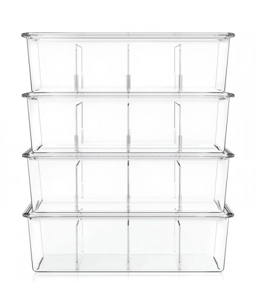 Stackable Clear Refrigerator Organizer Bins with Lids - Large Plastic Food Storage Bins w Dividers, Acrylic Pantry Organization and Storage for Kitchen, Fridge, Freezer, Cabinet, Snack, Packets, Sauce