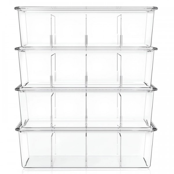 Stackable Clear Refrigerator Organizer Bins with Lids - Large Plastic Food Storage Bins w Dividers, Acrylic Pantry Organization and Storage for Kitchen, Fridge, Freezer, Cabinet, Snack, Packets, Sauce