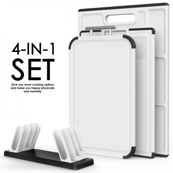 Cutting Boards for Kitchen with Stand – 3-Piece Plastic Cutting Board Set, Double-Sided Use, Large for Chopping Meat, Medium & Small for Vegetables, Fruits, Juice Grooves, Non-Slip Handles, BPA-FREE