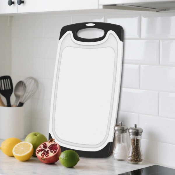 Cutting Boards for Kitchen with Stand – 3-Piece Plastic Cutting Board Set, Double-Sided Use, Large for Chopping Meat, Medium & Small for Vegetables, Fruits, Juice Grooves, Non-Slip Handles, BPA-FREE