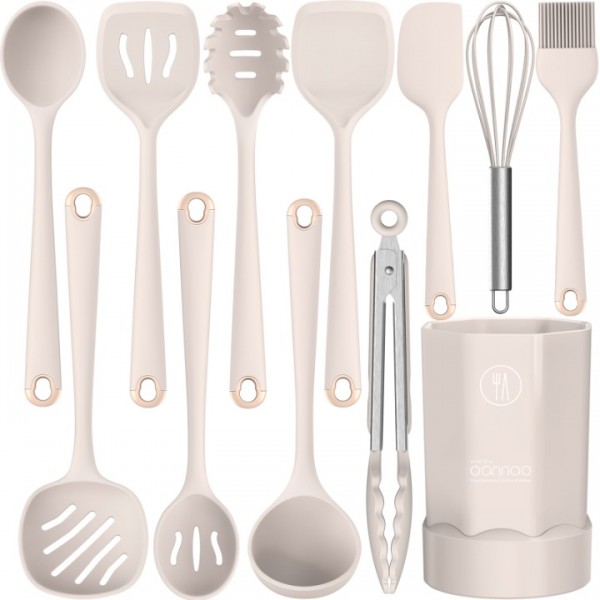 Silicone Cooking Utensils Set - Heat Resistant All Clad Silicone Kitchen Utensils,Spatula,Spoon,Whisk,Tongs,Kitchen Utensil Gadgets Tools Sets for Nonstick Cookware,Dishwasher Safe BPA Free (Khaki)