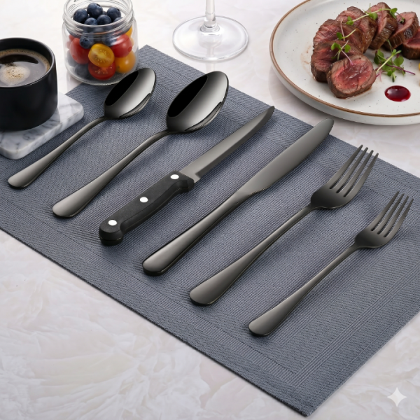 Black Silverware Set with Steak Knives, 24-Piece Flatware Set Service for 4, Thickened Stainless Steel Spoons and Forks Set, Upgraded Rust-Resistant Coating, Dishwasher Safe Cutlery Set for Gifts
