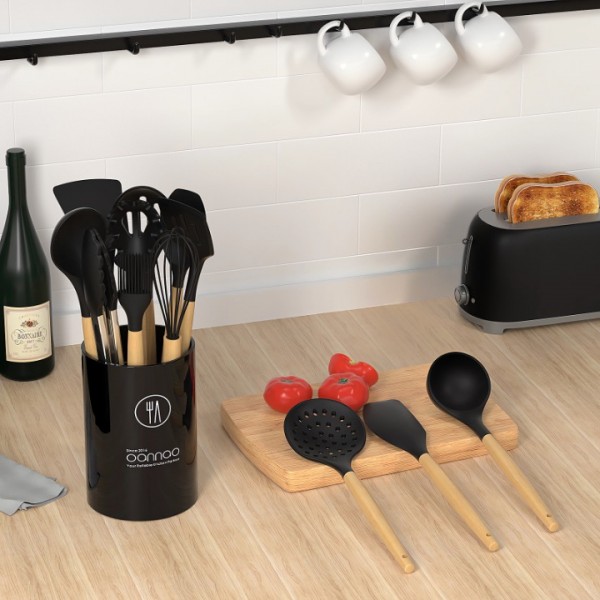 Silicone Cooking Utensils Set - 446°F Heat Resistant Silicone Kitchen Utensils for Cooking,Kitchen Utensil Spatula Set w Wooden Handles and Holder, BPA FREE Gadgets for Non-Stick Cookware (Black)