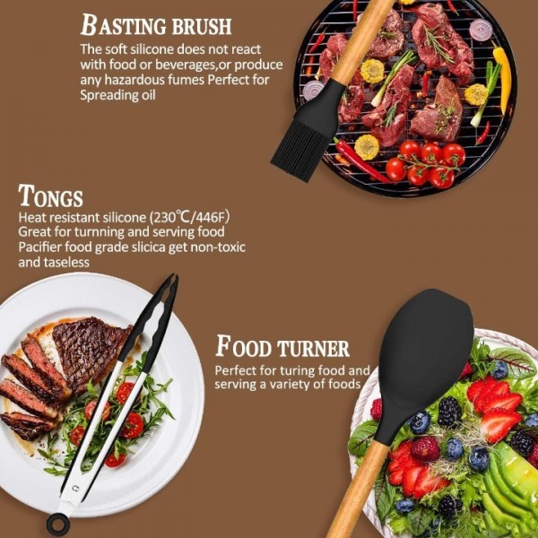 Kitchen Cooking Utensils Set, 33 pcs Non-stick Silicone Cooking Kitchen Utensils Spatula Set with Holder, Wooden Handle Silicone Kitchen Gadgets Utensil Set (Black)