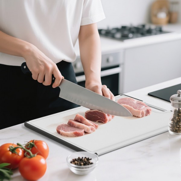 Cutting Boards for Kitchen with Stand – 3-Piece Plastic Cutting Board Set, Double-Sided Use, Large for Chopping Meat, Medium & Small for Vegetables, Fruits, Juice Grooves, Non-Slip Handles, BPA-FREE