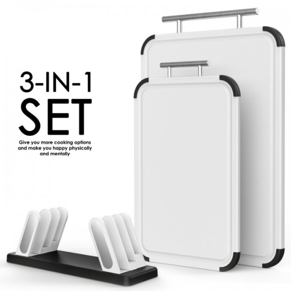 Cutting Boards for Kitchen with Stand – Double-Sided Plastic Cutting Board Set, Large for Chopping Meat, Medium for Vegetables, Fruits, Juice Grooves, Non-Slip Handles, BPA-FREE, Dishwasher Safe