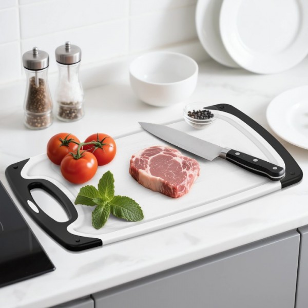 Cutting Boards for Kitchen with Stand – 3-Piece Plastic Cutting Board Set, Double-Sided Use, Large for Chopping Meat, Medium & Small for Vegetables, Fruits, Juice Grooves, Non-Slip Handles, BPA-FREE