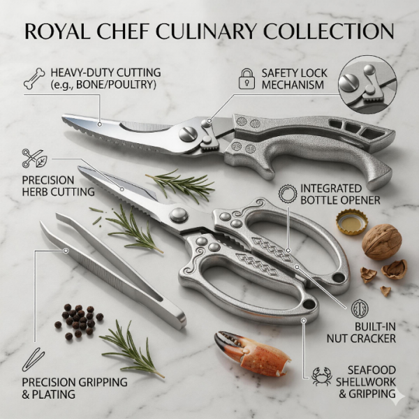 Kitchen Scissors Set Poultry Scissors Heavy Duty with Safety Lock 3.5mm Thickness 3 Piece Kitchen Shears for Cutting Chicken Meat Bone Food Seafood Brushed Stainless Steel Tongs Dishwasher Safe