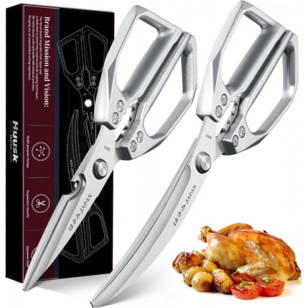 Kitchen Scissors Set Silver - Stainless Steel Kitchen Shear, Sharp Meat Scissors Dishwasher Safe, Heavy Duty Poultry Shears, Japanese Cooking Scissor for Food, Chicken Bones, and Turkey