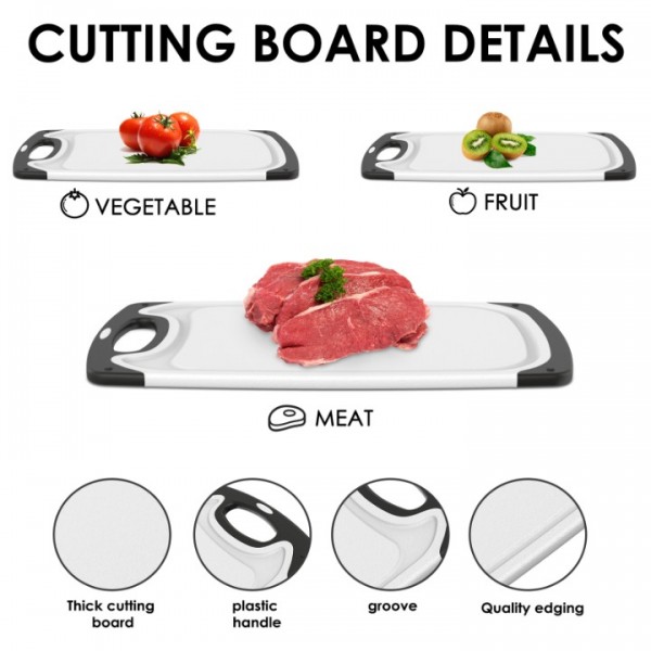 Cutting Boards for Kitchen with Stand – 3-Piece Plastic Cutting Board Set, Double-Sided Use, Large for Chopping Meat, Medium & Small for Vegetables, Fruits, Juice Grooves, Non-Slip Handles, BPA-FREE
