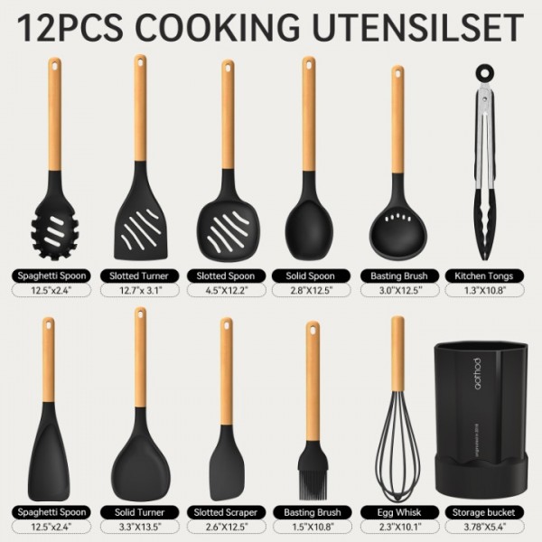 Silicone Cooking Utensils Set, 446°F Heat Resistant Silicone Kitchen Utensils for Nonstick Cookware, Kitchen Gadgets Spatula Set, Spoon, Turner, Tongs, Ladle, Whisk, BPA FREE (Black)