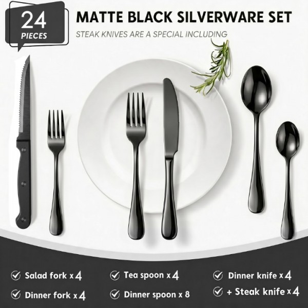 Black Silverware Set with Steak Knives, 24-Piece Flatware Set Service for 4, Thickened Stainless Steel Spoons and Forks Set, Upgraded Rust-Resistant Coating, Dishwasher Safe Cutlery Set for Gifts