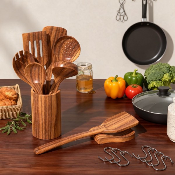 9-Piece Wooden Kitchen Utensils Set for Cooking – Teak Wood Tools with Holder, Spoon Rest, Hooks, Heat Resistant for Nonstick Cookware
